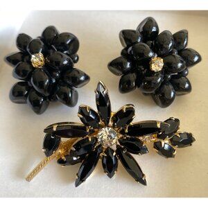 Brooch and Earrings. Black & Crystal Rhinestone’s Brooch, Earrings VTG